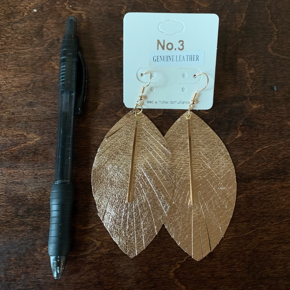 Genuine leather Rose gold leaf shape earrings - Picture 3 of 3